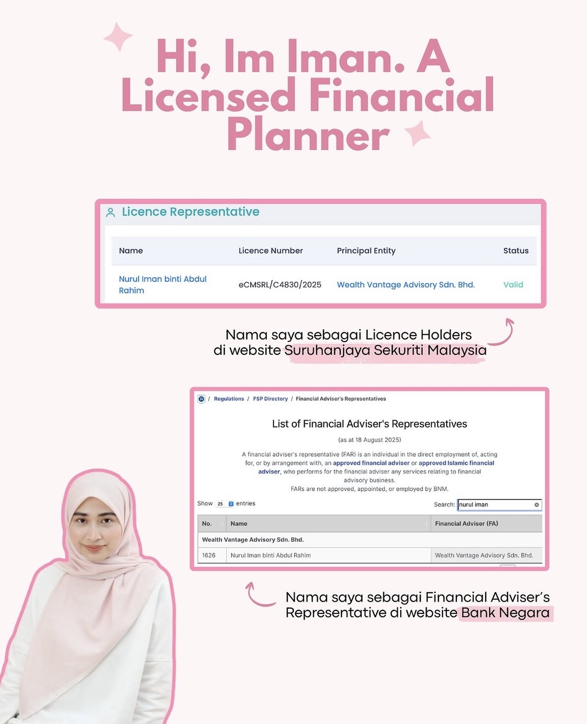 Hi, I'm Iman. A Licensed Financial Planner — verified on the Suruhanjaya Sekuriti Malaysia and Bank Negara registries.
