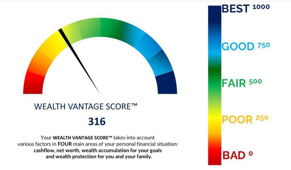 Contoh Wealth Vantage Score report: gauge rated from Bad to Best